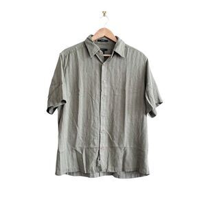 Claiborne Mens Silk Button Down Camp Shirt Casual Short Sleeve Green Large